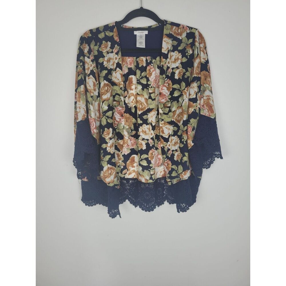 Esley‎ Kimono L Womens Open Front Blue Floral Crochet Trim Bell Sleeve Top